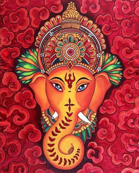 India Mural Art, Mural Kerala Paintings, Ganapati Mural Painting, Ganesh Mural Painting, Kerala Mural Painting Simple, Ganesha Kerala Mural Painting, Kerala Mural Ganesha, Simple Kerala Mural Painting Design, Mural Art Indian