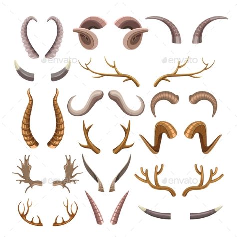 Branchy and Sharp Horns of Wild Animals Set Wolf With Horns, Dear Horns, Types Of Horns, Horns Reference, Antler Drawing, Horn Shapes, Demon Ocs, Animal Horns, Breeds Of Cows