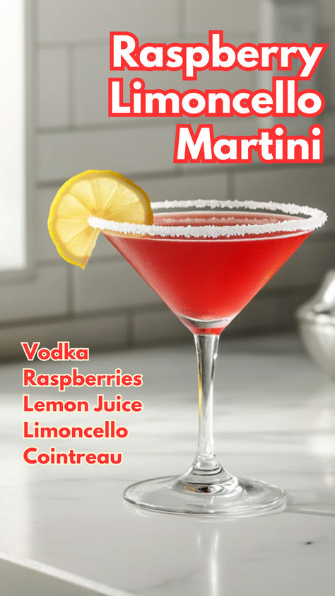 Raspberry Limoncello Martini Martini Variations, Lemondrop Martini, Fancy Beverages, Limoncello Martini, Cointreau Cocktails, Cocktail Cards, Martini Recipes Vodka, Limoncello Cocktails, Raspberry Cocktail