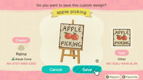 {Not my design} Apple Orchard Sign Animal Crossing, Acnh Apple Design, Acnh Apple Cider Stand, Acnh Apple Orchard Ideas, Ac Decoration, Farmcore Acnh, Acnh Bakery, Anch Paths, Fall Acnh