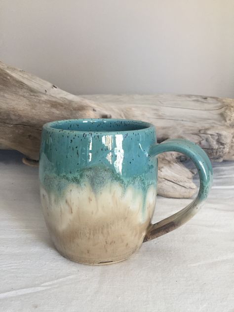 Wheel thrown pottery mug made by me. Glazed in 'Cocoa Mint'. Turquoise green and taupe. Coffee Mug Glaze Ideas, Glaze Mug Ideas, Dip Glaze Pottery, Pottery Mug Glaze Ideas, Pottery Mugs Wheel Thrown, Ceramic Mug Glaze Ideas, Glazing Ideas For Pottery, Glaze Pottery Ideas, Mug Glaze Ideas