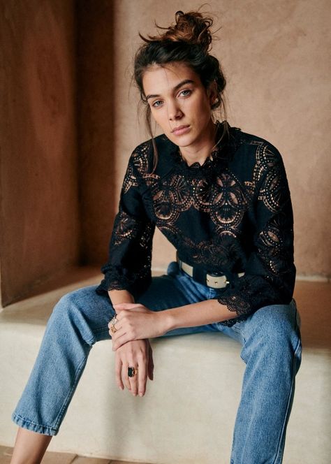 Bacall Blouse - Ecru - Polyamide - Sézane Petite Blouses, Black Lace Blouse, 2021 Fashion, French Chic, Black Lace Tops, Wardrobe Basics, Fall Collection, Inspiration Mode, Mode Style