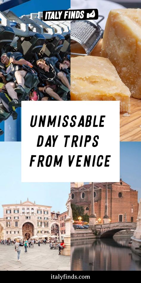 Collage of Venice day trip activities including a theme park ride, Parmesan cheese, historic architecture, and a canal. Day Trip From Venice, Sirmione Lake Garda, Day Trips From Venice, St Mark's Basilica, Rialto Bridge, Venice Italy Travel, For The Culture, Italy Travel Guide, The Venetian