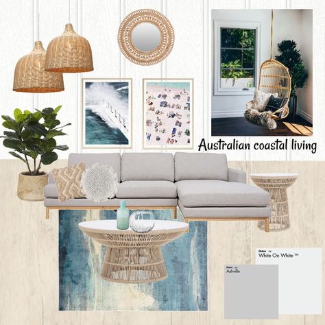 Australian Coastal living Australian Interior Design Living Room, Australian Coastal Interior, Modern Australian Coastal Home, Australia Coastal Home, Australian Coastal Colour Palette, Australian Coastal Style Neutral Palette, Traditional Coastal Living Room, Australian Coastal Style, Wicker Ceiling Light