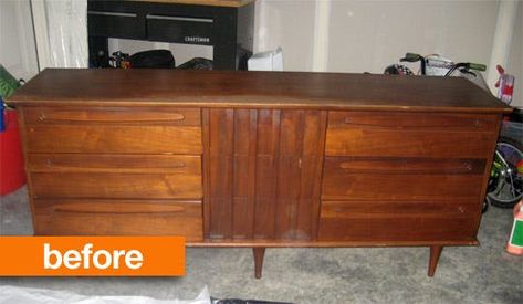 Before & After: Restoring a Mid-Century Modern Dresser | Apartment Therapy Mid Century Modern Bedroom Furniture, Thrifted Furniture, Mid Century Buffet, Buffet Furniture, Mid Century Modern Credenza, Geometric Furniture, Modern Buffet, Mid Century Dresser, Mid Century Modern Bedroom