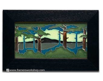 Framed Horizontal "Pine Landscape" Ceramic tile, 8" x 4" Cottage Kitchen Backsplash, Pine Landscape, Cleaning Upholstered Furniture, Picture Frames Vintage, American Craftsman Style, Arts And Crafts Tiles, Tiling Ideas, Craftsman Tile, Arts And Crafts Interiors