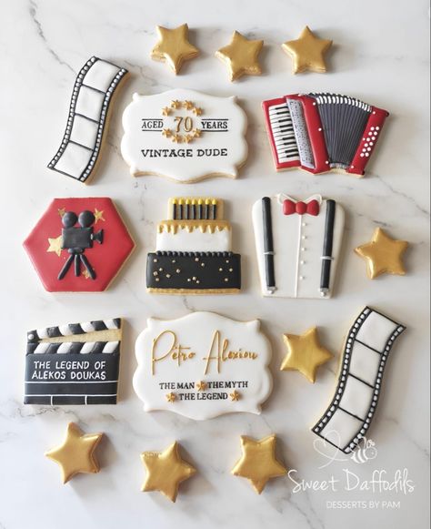 Hollywood Cookies Decorated, Red Carpet Cookies Decorated, Movie Theater Cookies, Red Carpet Cookies, Theater Cookies Decorated, Movie Theme Cookies, Hollywood Theme Cookies, Movie Cookies Decorated, Oscar Cookies