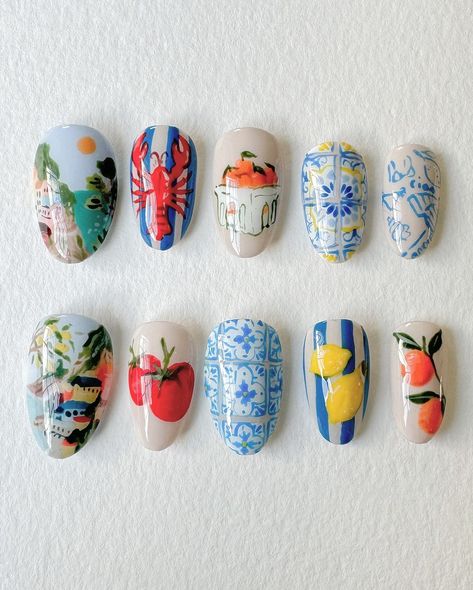 Jecilia 🌸 | Amalfi coast inspired custom press ons 🍊 #pressons #custompressons #pressonnails #nailart #nailartist #nailsnailsnails #trendynailart… | Instagram Nails For A Trip To Europe, Amalfi Nails Design, Amalfi Coast Nails Ideas, Painted Press On Nails, Italian Inspired Nails, Custom Press Ons, Amalfi Nails, Amalfi Coast Nails, Italian Summer Nails