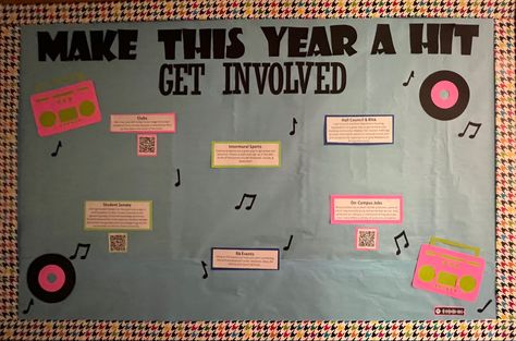 Resident Assistant (RA) Bulletin Board Music Theme Bulletin Board Ideas, Resources Bulletin Board, Dorm Bulletin Boards, Bulletin Ideas, Ra Themes, Ra Bulletins, Ra Boards, Ra Bulletin Boards, Hall Ideas