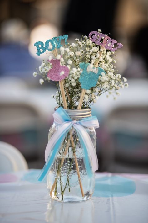 Centerpieces Gender Reveal Table Decorations, Gender Reveal Ideas For Party Centerpieces, Mason Jar Gender Reveal Centerpieces, Gender Reveal Ideas For Centerpieces, Gender Reveal Diy Centerpieces, Gender Reveal Centerpieces Ideas, Gender Reveal Ideas For Party Decoration Diy Center Pieces, Center Piece Gender Reveal Ideas, Gender Reveal Table Set Up Simple