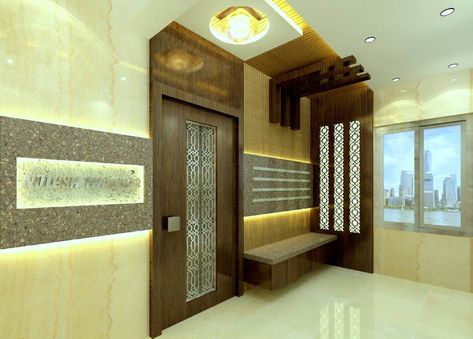 Main Door With Shoe Rack Design, False Ceiling With Chandelier, Metal Jali, Door Elevation, Wooden Entrance Door, Cove Lights, Wooden Wall Panelling, Indian Main Door Designs, Wooden False Ceiling