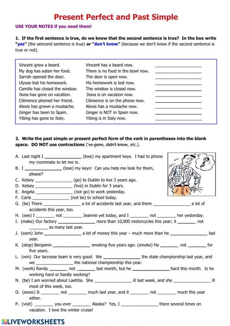 Present Perfect Vs Past Simple Worksheet, Punctuation Worksheets, Past Simple, Simple Exercise, English Exercises, English Grammar Worksheets, Esl Lessons, 9th Grade, Present Perfect