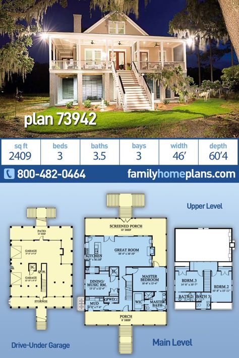 Southern Style Home Plan With Drive-Under Garage - Family Home Plans Blog Elevated Coastal House Plans, Southern Coastal Home, Garage Bloxburg, Stilt House Plans, Beach House Flooring, Beach House Floor Plans, Elevated House, Southern Style Home, Coastal Homes Plans