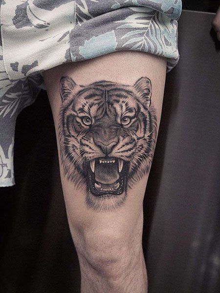 Tattoo Ideas For Men Tiger, Tattoo Leg Men, Sleep Tattoo, Tiger Tattoo Thigh, Cool Animal Tattoos, Nature Tattoo Designs, Mens Tiger Tattoo, Thigh Tattoo Men, Tato Maori