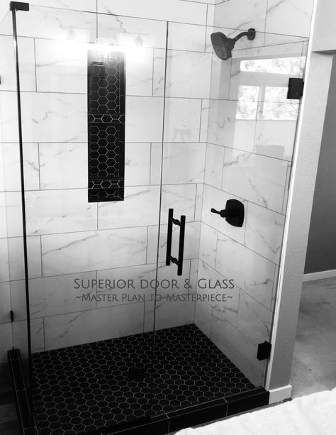 Master Shower Black And White, Black Frameless Shower Door, Black And White Master Shower Ideas, White And Black Shower Ideas, Tile Shower Dark Grout, White And Black Master Bath, Black Shower Ideas, Shower Tile Designs Unique, Black And White Shower Ideas