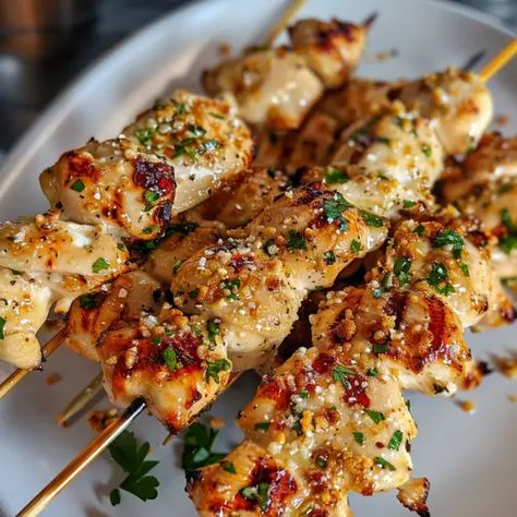 Garlic Parmesan Chicken Skewers: Perfectly Grilled, Irresistibly Seasoned - receipster Garlic Parmesan Chicken Skewers, Parmesan Chicken Skewers, Chicken Beer, Beer Dip, Grilled Foods, Grilled Chicken Skewers, Beer Chicken, Skewers Grill, Tender Chicken Breast