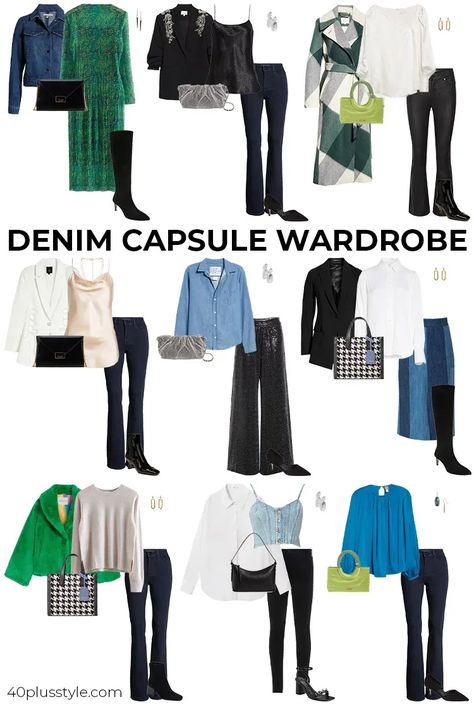 Denim capsule wardrobe | 40plusstyle.com Capsule Outfits 2023, Maximalist Capsule Wardrobe, Denim Capsule Wardrobe, Dressy Jeans Outfit, Preppy Wardrobe, Dressy Jeans, Outfit Planner, Evening Blouses, Dress Up Jeans