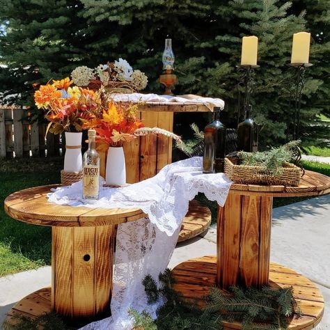 Three torched spool tables for rent with a poly finish to create a rustic look to your wedding/event! Wedding Pub Table Decor, Spool Wedding Decor, Wedding Pie Table, Lobola Dresses, Wooden Spool Tables, Cable Spool Tables, Wooden Cable Spools, Spool Table, Wedding Pie