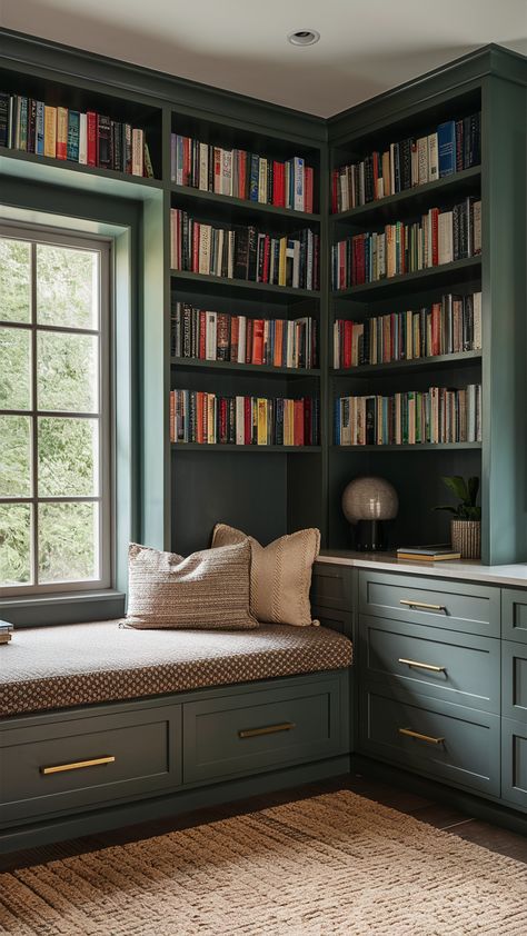 Discover elegant home decor trends and chic solutions to transform your space. Find modern inspirations and luxe accents for stylish updates. #HomeInspiration #TrendyDesign #LuxeDecor Tiny Library Office Room Ideas, Home Library Sofa, Library Guest Room Combo, Small Library Design, Library Office Room Ideas, Family Room Built Ins, Room Library Ideas, Blue Green Rooms, Book Lovers Bedroom