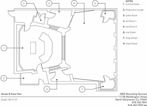 The floorplan for NRG Recording Studio B. NRG Recording Studio B features a 30'x40' live tracking room with 25' ceilings. There are 2 iso booths and 2 amp closets for added isolation. Studio B also has a Yamaha C7 Piano.: Live Room Recording Studio, Recording Studio Design Layout, Small Home Recording Studio, Studio Acoustics, Studio Layouts, Studio Floor Plans, Rehearsal Studios, Home Studio Ideas, Home Music Rooms