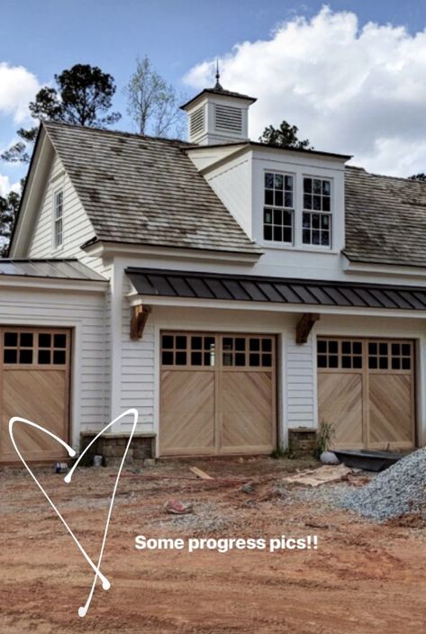 Garage Doors Farmhouse Style, Garage Doors Ideas Curb Appeal, Garage Door Carriage Style, Tan Garage Door Color Schemes, Roof Above Garage Doors, Metal Roof Over Garage Door, Modern Transitional Garage Door, Garage Pergola With Lights, Homes With Garage In Front Of House