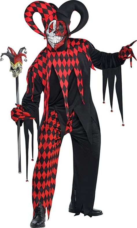 Our Crazy Jester Costume features a red and black shirt with jagged edges plus jingle bells on the sleeve draping. Pull on the matching trousers and three-horned jester hat for head-to-toe crazy clowning. With bells hanging from the hat horns and an allover diamond pattern, this Krazed Jester costume is weirdly wacky. Complete your look with the maniacally smiling face mask and elongated gloves.
Ideal for Carnival, Halloween or any Ghoul, Zombie themed party or any themed parties Evil Jester Costume, Wicked Jester, Zombie Themed Party, Clown Fancy Dress, Jester Halloween, Horror Costumes, Evil Jester, Party City Costumes, Jester Costume