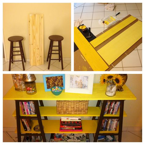 Took 2 old bar stools and went to Home Depot and had some plain boards cut to fit, painted them and created my own little book shelf :) New Home Diy, Bar Stool Makeover, Diy Bar, Redo Furniture, Book Shelf, Repurposed Furniture, Furniture Projects, Bar Furniture, Decor Interior Design