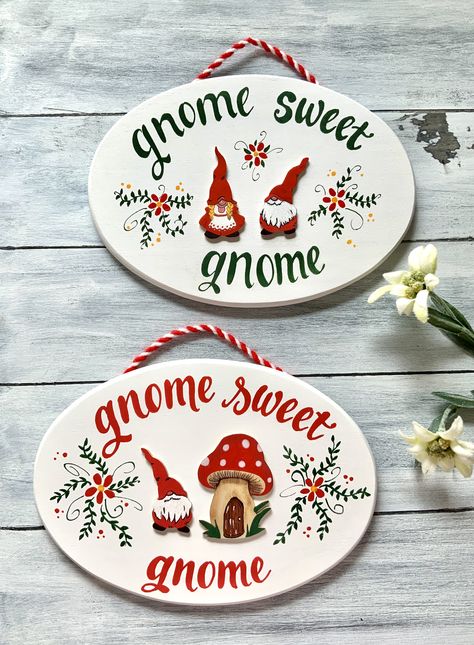 Gnome Sweet Gnome Sign, Diy Painted Signs, Swedish Wedding, Hand Painted Wood Sign, Gnomes Diy, Gnomes Crafts, Christmas Paintings, Wood Blocks, Christmas Elf