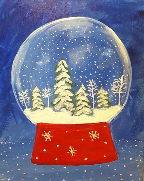 Country Winter Snow Globe Snow Globe Painting, Globe Painting, Winter Snow Globe, January Art, Holiday Canvas, Bob Ross Paintings, Globe Art, Paint Nite, Snowman Painting