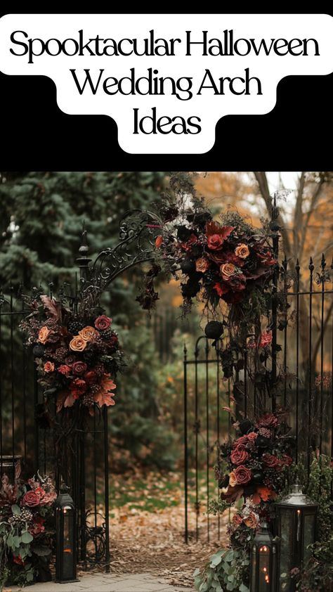 A gothic-style Halloween wedding arch decorated with dark florals, candles, and eerie details, creating a spooky yet elegant backdrop for a haunted wedding ceremony. Spooky Wedding Arch, Halloween Wedding Backdrop, Halloween Wedding Photo Booth, Gothic Halloween Wedding Ideas, Elegant Halloween Wedding Decorations, Halloween Wedding Arch, Unique Wedding Arch, Halloween Arch, Halloween Wedding Decorations