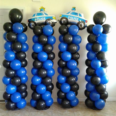 Police Academy Party Ideas, Police Balloon Garland, Police Party Backdrop, Police Decorations Party, Police Balloon Arch, Police Birthday Party Ideas Decoration, Police Graduation Party, Sheriff Party Ideas Deputy, Police Academy Graduation Party Centerpieces