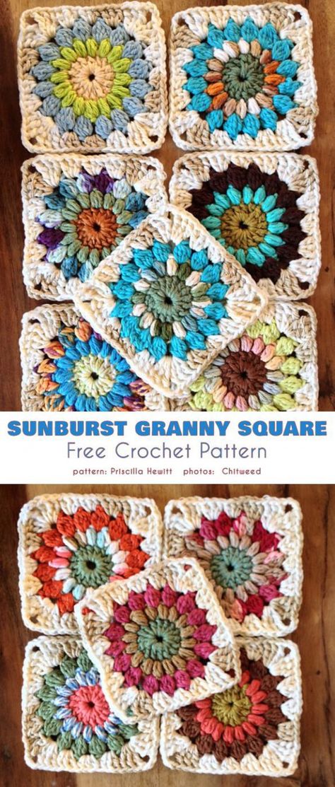 Crochet Starburst Granny Square Free Pattern, Crochet Grammy Square Blanket Patterns, Round Granny Square Pattern, Sun Burst Crochet Granny Squares, Crochet Patterns For Granny Squares, Granny Square Sunburst Pattern, Crochet Sunburst Granny Square Free Pattern, Crochet Sunburst Granny Square Pattern, Crochet Circle In A Square Free Pattern