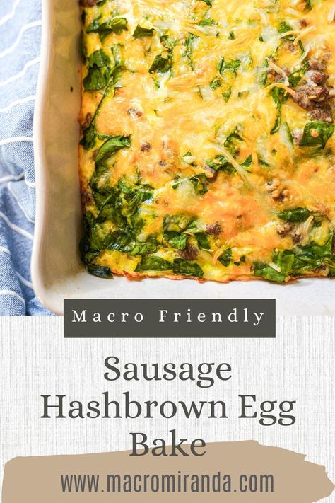 MACRO FRIENDLY SAUSAGE HASHBROWN EGG BAKE #macrofriendlyrecipes #healthyrecipes #eggbake #breakfastrecipes Hashbrown Egg Bake, Egg Bake With Hashbrowns, Healthy Egg Casserole, Healthy Egg Bake, Egg Bake Recipe, Turkey Breakfast Sausage, Breakfast Egg Casserole, Hashbrown Breakfast Casserole, Egg Bake