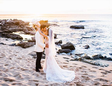 A Glamourous Wedding at Four Seasons Resort Oahu Malay Wedding Dress, Jessi Malay, Beach Photo Inspiration, Fiji Wedding, How To Dress For A Wedding, Beach Theme Wedding Invitations, Hawaii Destination Wedding, Malay Wedding, Hawaii Elopement