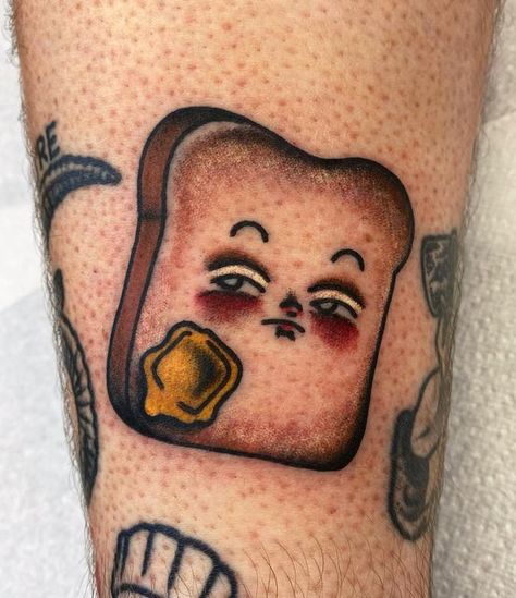 Neo Traditional Food Tattoo, Tater Tot Tattoo, Bread And Butter Tattoo, Brave Little Toaster Tattoo, Bread Tattoo Ideas, Yakult Tattoo, Burnt Toast Tattoo, Traditional Food Tattoo, Weird Traditional Tattoo