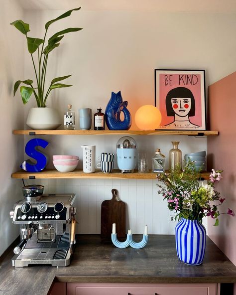 Olli | 1 or 2? #kitchen #kitchendecor #kitcheninspo #kitcheninspiration #kitchendesign #homedecor #homedecor #homedecoration #homeinterior… | Instagram Kitchen Shelves Floating, Vintage Floating Shelves Kitchen, Shelf Decor Eclectic, Floaring Shelves Kitchen, Floating Shelves Maximalist, Wall Shelf Kicthen, Coffee Station Kitchen, Shelves Floating, Kitchen Shelf Decor