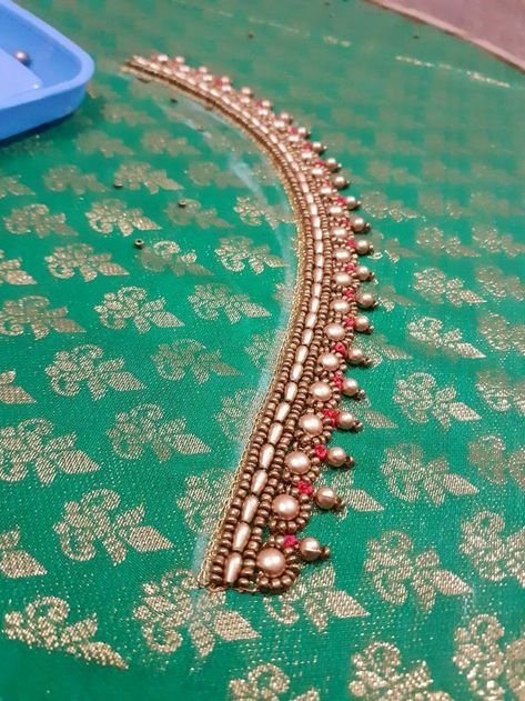 Front Back Neck & Sleeves Front Neck Aari Design, 1000 Rs Aari Work Design, Aari Neck Design, Magam Works, Work Blouse Hand Designs, Blouse Maggam Work, Maggam Work Blouse, Hand Work Design, Maggam Work Designs