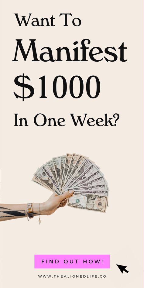 Want to manifest $1000 in one week? Most of us have MONEY BLOCKS that prevent us from manifesting money and abundance FAST. But playing a game with the Universe to manifest money QUICKLY can change your energy & attract all the wealth you desire! Get started | thealignedlife.co | how to manifest, manifestation tips, law of attraction, prosperity consciousness | #thealignedlife #money #abundance #manifestation Manifest Money Fast, Money Blocks, Manifesting Wealth, Law Of Attraction Money, Wealth Affirmations, Law Of Attraction Tips, Manifestation Law Of Attraction, Law Of Attraction Affirmations, Attract Money