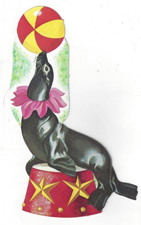 Vintage Seal Balancing Ball on Nose Circus Performer Die Cut Decoration, C1950s Circus Seal Tattoo, Vintage Circus Illustration, Vintage Circus Art Illustration, Circus Painting, Circus Seal, Clown Circus Illustration, Zebra Costume, Cirque Vintage, Circus Lion