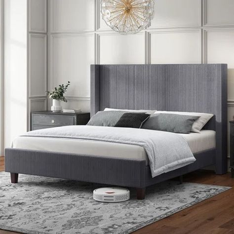 Dark Gray Bed Frame | Wayfair Tall Headboard Bed, Bed With Storage Underneath, Corduroy Chair, Black Canopy Bed, King Upholstered Platform Bed, Gray Bed, Grey Bed Frame, Canopy Bed Frame, Full Headboard