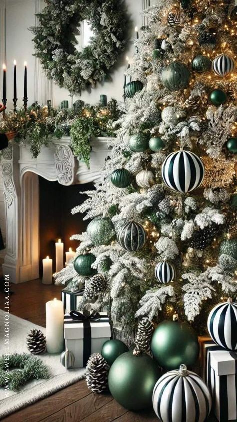 Black and White Christmas Decor - Sweet Magnoliaa Green Black Christmas Decor, Dark Green Christmas Tree Decor, Green Gold And White Christmas Tree, Green Black And White Christmas Tree, Black White And Green Christmas Decor, Black White Green Christmas, Black And Green Christmas Tree, Emerald Christmas Decor, Black And White Christmas Tree Ideas