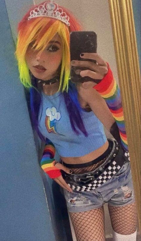 Neon Emo Outfits, Rainbow Bright Cosplay, Rainbow Emo Hair, Scene Clothes Aesthetic, Scene Rainbow Hair, Scene Outfits Colorful, Rainbow Dash Outfit Ideas, Scene Kid Shirt, Short Hair With Two Long Strands