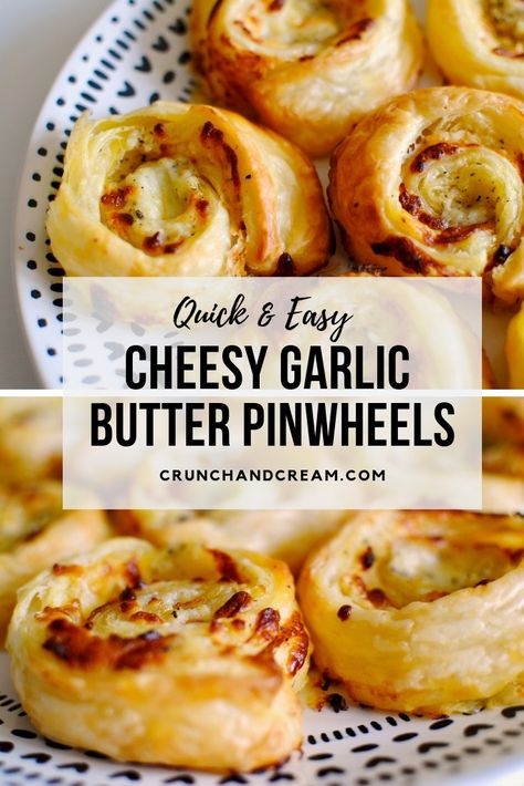 Garlic Pinwheels, Puff Pastry Pinwheels, Butter Crunch, Cheese Pinwheels, Cheese Puff Pastry, Cheese Pastry, Easy Puff Pastry, Pinwheel Recipes, Garlic Cheese