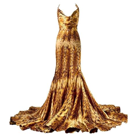 Roberto Cavalli Vintage Gold Leopard Evening Gown Dress Fall/Winter 2003 Size M For Sale at 1stDibs Greek Inspired Gown, Roberto Cavalli Dress Vintage, Leo Outfits Aesthetic, Leopard Gown, Leopard Dress Outfit, Roberto Cavalli Vintage, Dress With Gold Chain, Vintage Roberto Cavalli, Robert Cavalli