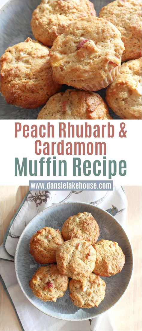 Peach Rhubarb Muffins with Cardamom. Looking for new rhubarb recipes? Love rhubarb desserts? Make these delicious rhubarb muffins with a twist! Easy rhubarb muffin recipe with cardamom to an add unexpected flavor. Paired with peach, these muffins are a burst of summer in every mouthful. Find more summer recipes on the blog, including the printable recipe for these rhubarb peach muffins. Rhubarb Peach Recipes, Peach Rhubarb Recipes, Peach And Rhubarb Recipes, Peach Rhubarb, Pear Rhubarb Recipes, Lemon Rhubarb Muffins, Strawberry Rhubarb Recipes Muffins, Sour Cream Rhubarb Muffins, Almond Flour Rhubarb Muffins