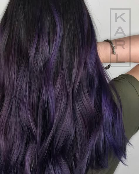 Indigo Highlights, Dark Plum Hair, Aesthetic Balayage, Purple Highlights Brown Hair, Balayage Ombre Hair, Honey Aesthetic, Purple Hair Highlights, Dark Purple Hair, Plum Hair