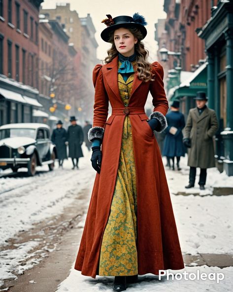 1890s Winter Fashion, Edwardian Winter Fashion, Victorian Style Historical Costume Outerwear, Victorian Style Long Winter Coat, Victorian Coats & Jackets, Victorian Winter, Steampunk Costumes, Denmark Fashion, Steampunk Costume