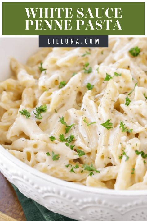 This super simple and delicious white sauce recipe is packed with flavor. This dish is perfect by itself or you can add chicken too! #whitesauce #whitesaucerecipe #pasta #garlicwhitesauce Creamy Garlic Penne Pasta, Penne Pasta Recipe, White Pasta Sauce Recipe, White Sauce Recipe, Creamy Pasta Bake, White Sauce Recipes, Healthy Low Carb Dinners, Ground Beef Pasta, White Sauce Pasta