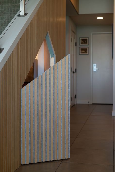 Take advantage of the weird spaces under your stairs and add storage with a cool slat wall in front. Slat Wall Under Stairs, Modern Condo Kitchen, Slat Wall Storage, Under Stair Storage, Under Stair, Stair Ideas, Add Storage, Modern Condo, Condo Kitchen