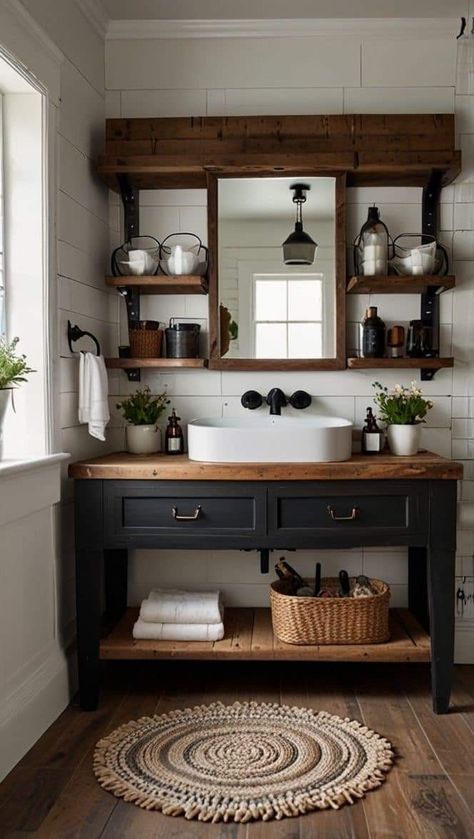 Cabin Bathroom Ideas Rustic, Modern Farmhouse Design Ideas, Modern Farmhouse Bathroom Design, Vintage Fixtures, Farmhouse Design Ideas, Dark Wood Bathroom, Cozy Textiles, Modern Bathroom Ideas, Farmhouse Bathroom Design